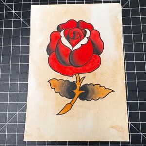 Hand Crafted Traditional Tattoo Flash Art Red Rose Vintage Style Americana Decor
